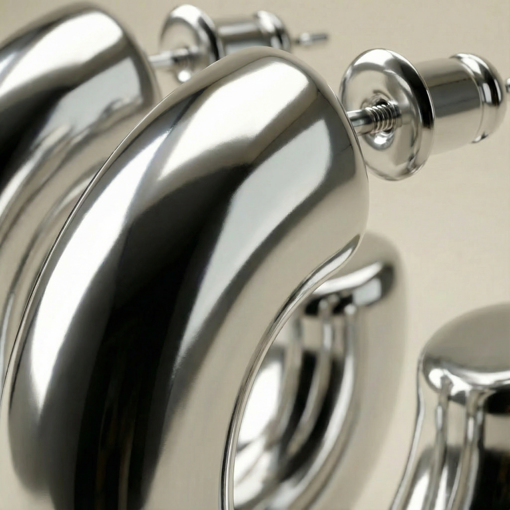 Close-up orecchini Guscio Eterna placcati argento con dettaglio del volume