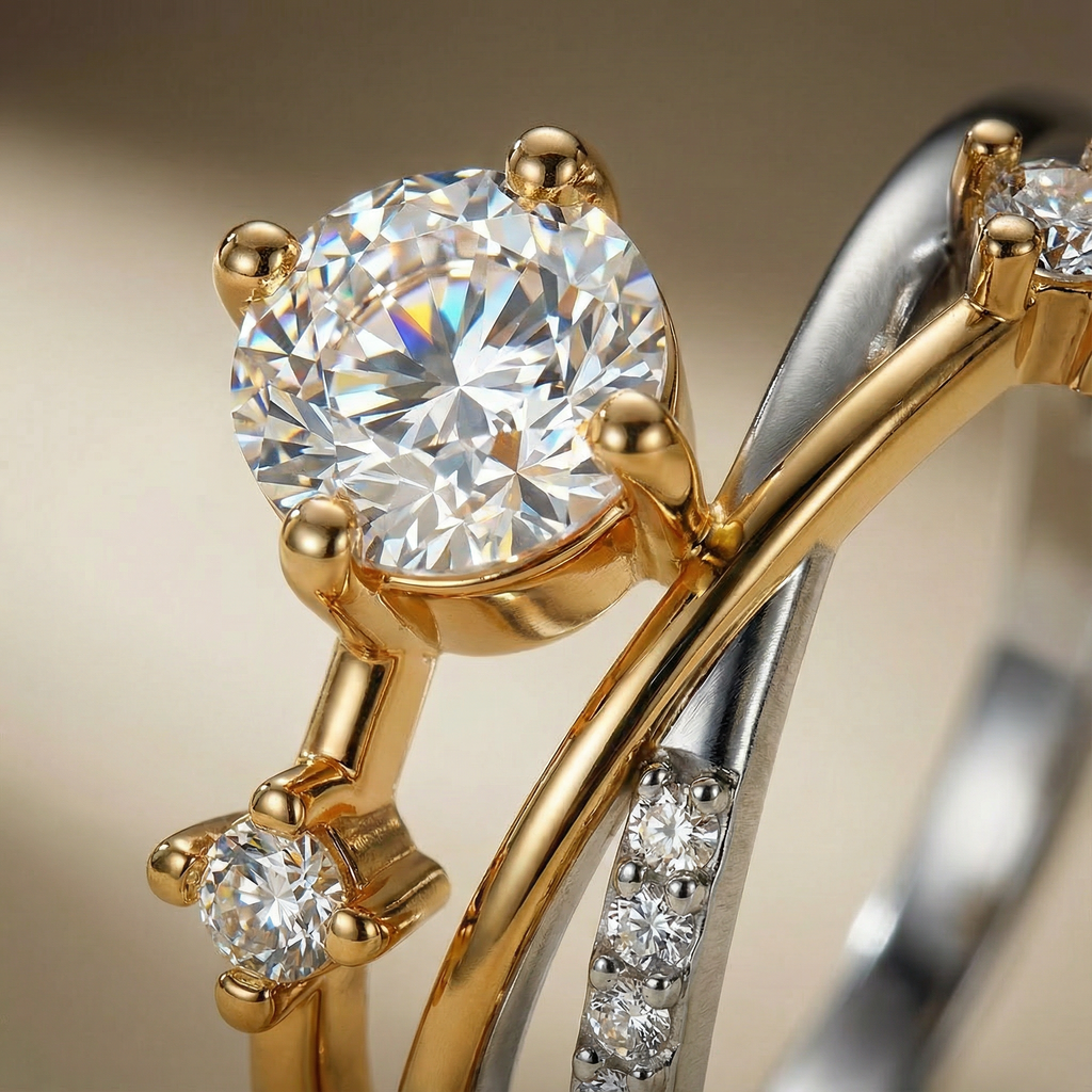 Close-up anello Promessa Eterna bicolore con dettaglio degli zirconi