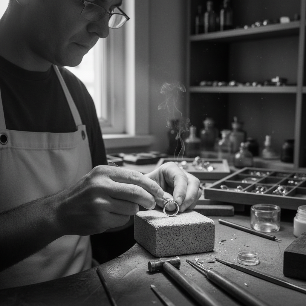 Maestro orafo Valori all’opera, intento a lavorare un anello con strumenti di precisione nel laboratorio, ambiente artigianale ricco di dettagli.
