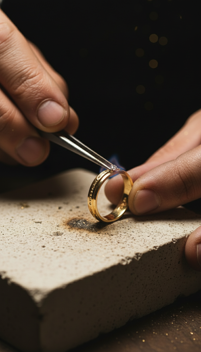 Mani di artigiano che lavorano un anello d’oro Valori nell’atelier, simbolo di maestria artigianale e cura dei dettagli nel processo di creazione dei gioielli.