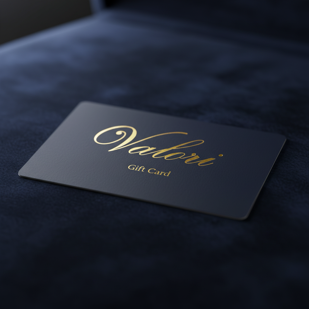 Gift card Valori, elegante su fondo vellutato blu, perfetto regalo di lusso per scegliere gioielli esclusivi.