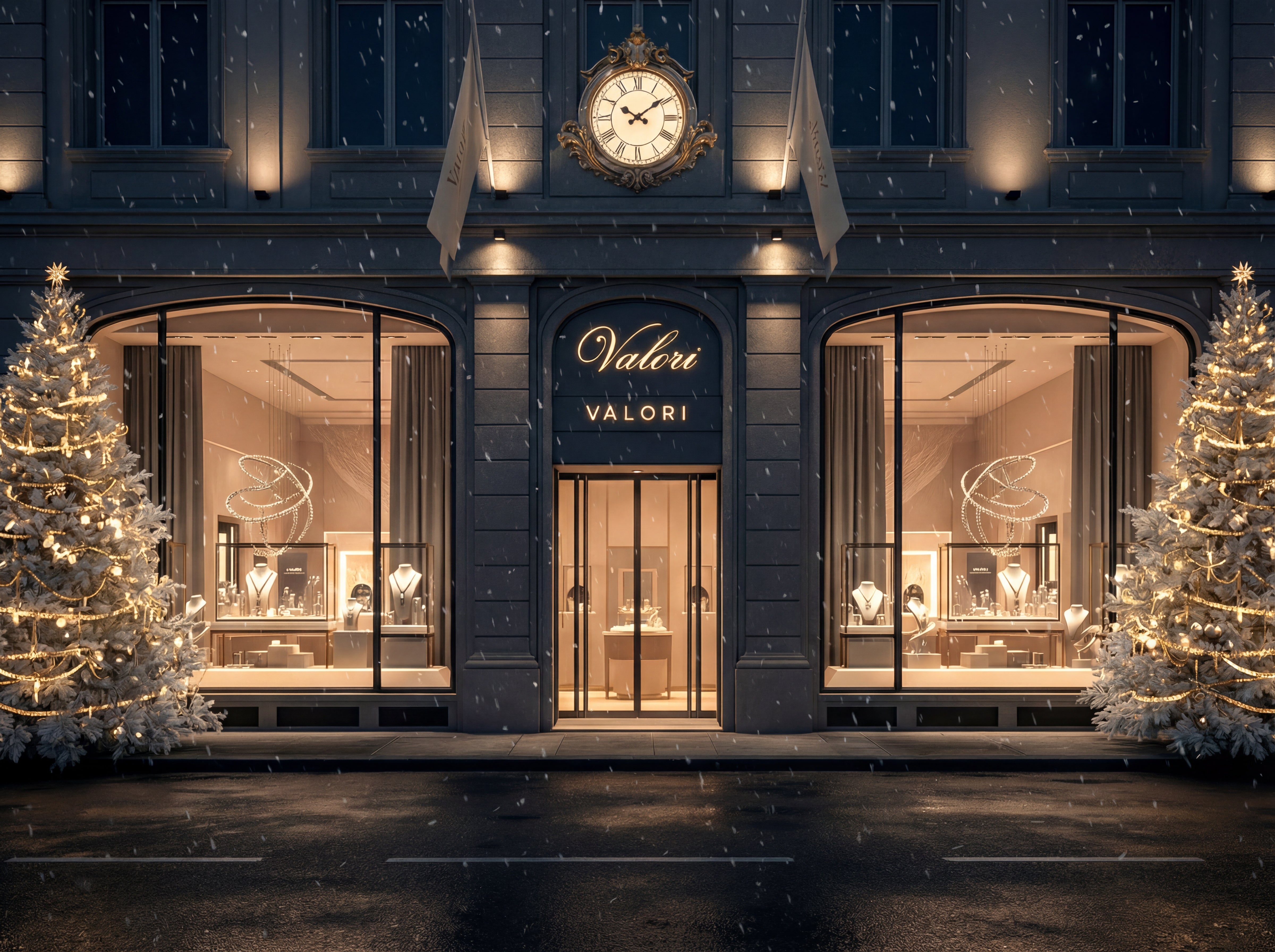 Modella elegante con gioielli Valori davanti allo skyline notturno di Milano. Lusso italiano artigianale.