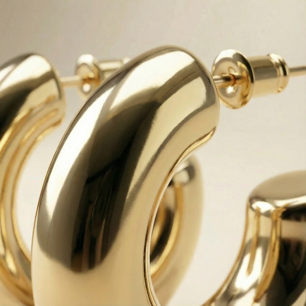 Close-up orecchini Guscio Eterna placcati oro 18k con dettaglio del volume