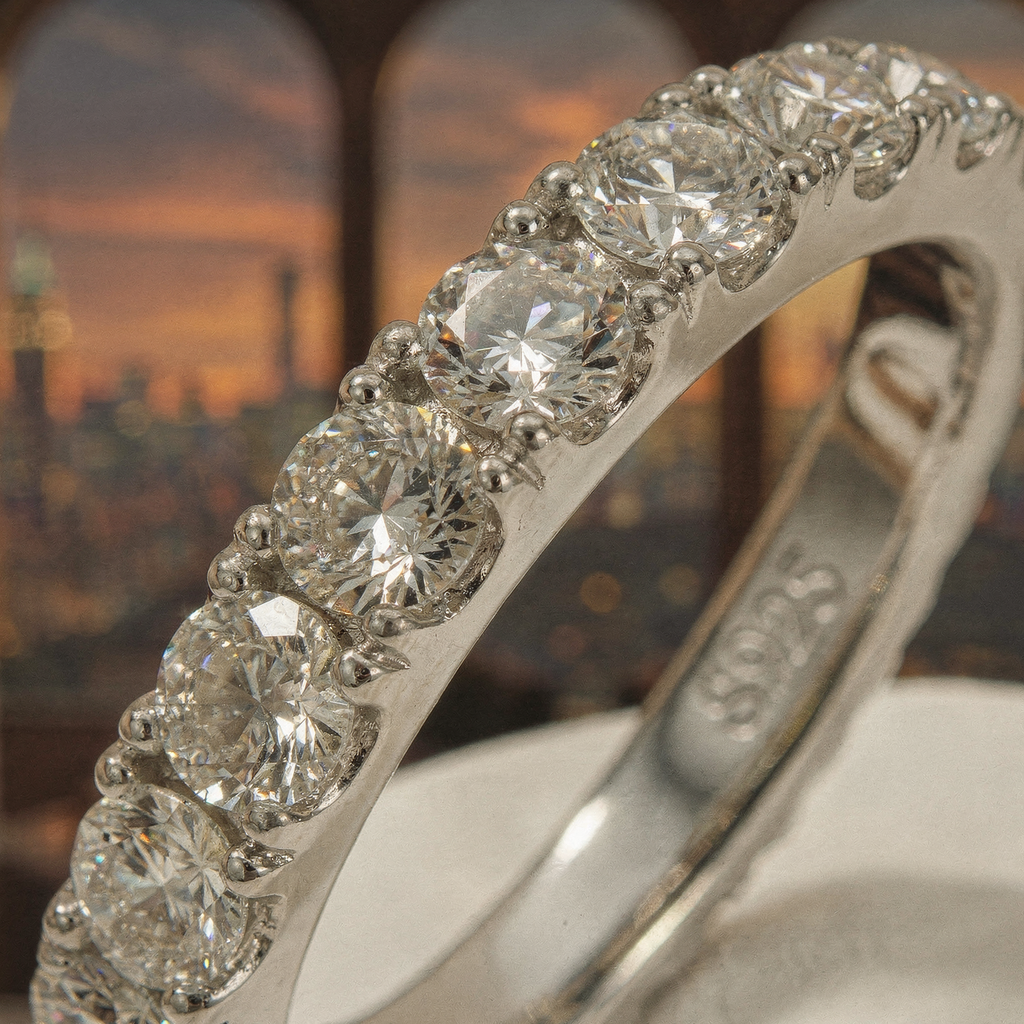 Close-up Anello Firmamento Aurora in argento con incastonatura pavé di zirconi