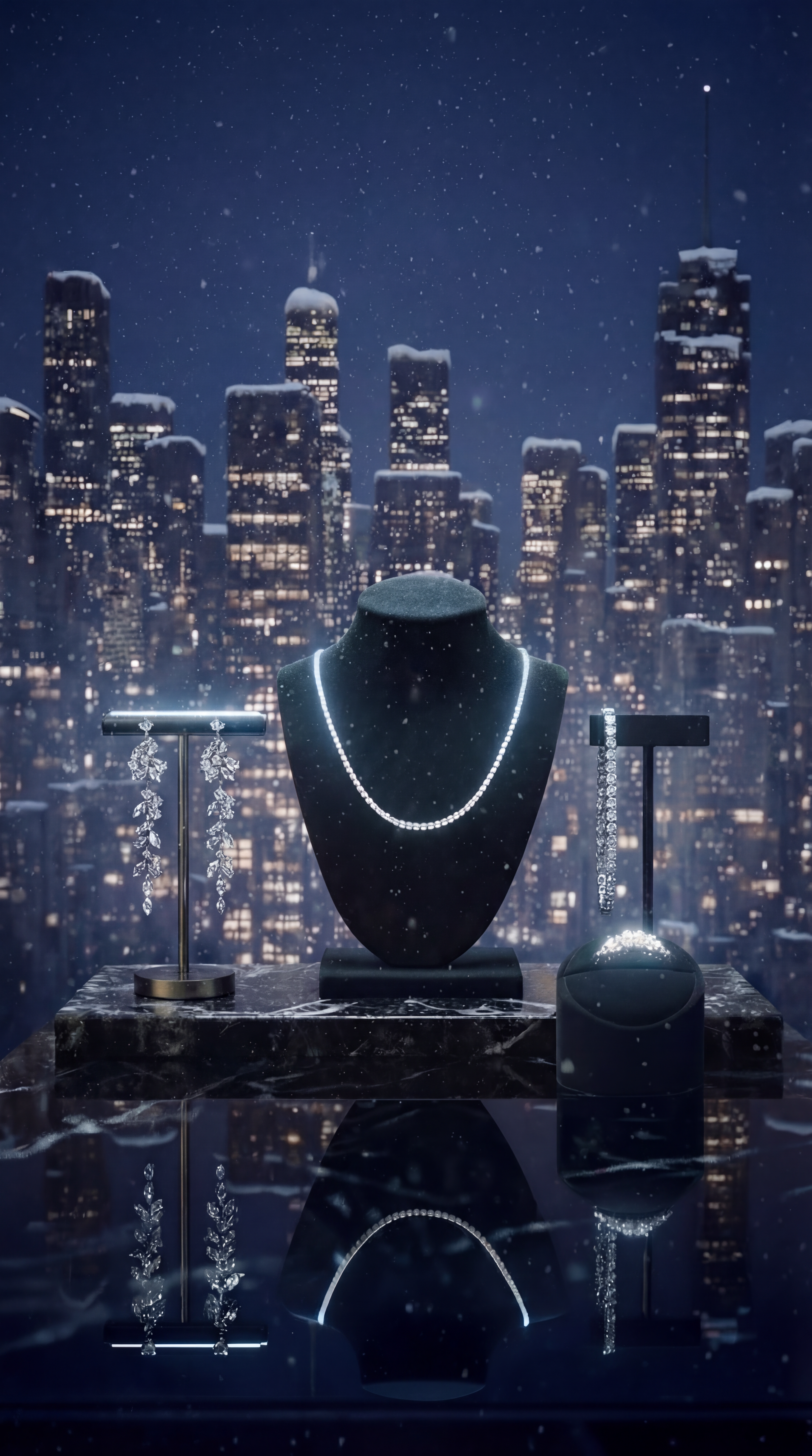 Collana e orecchini Icona Valori in vetrina notte