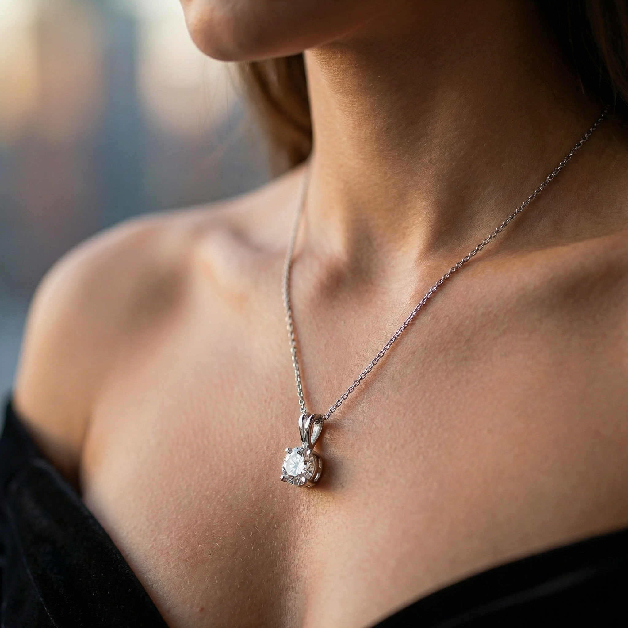 Close-up Collana Punto Luce Aurora in argento con design minimal ed elegante
