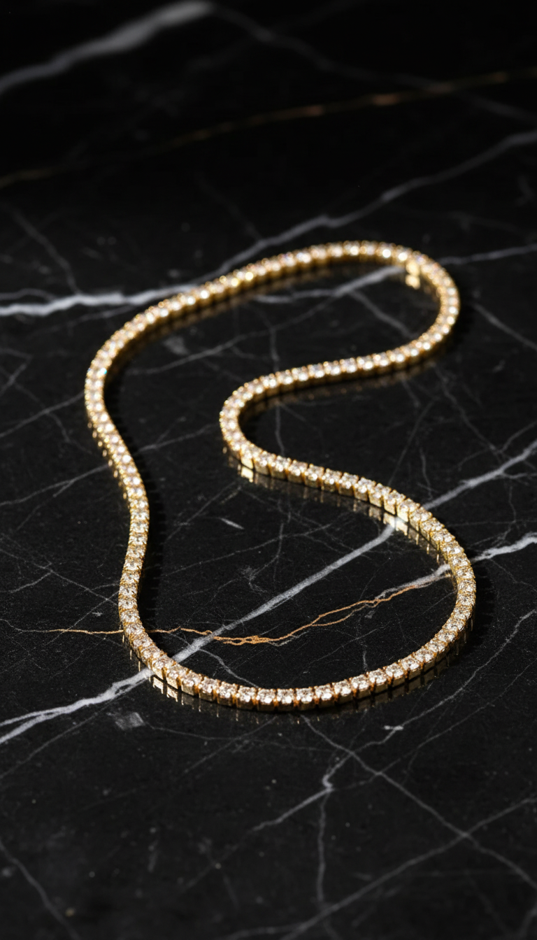 Collana tennis Valori Icona in oro con diamanti su sfondo marmo nero, eleganza moderna e design senza tempo.