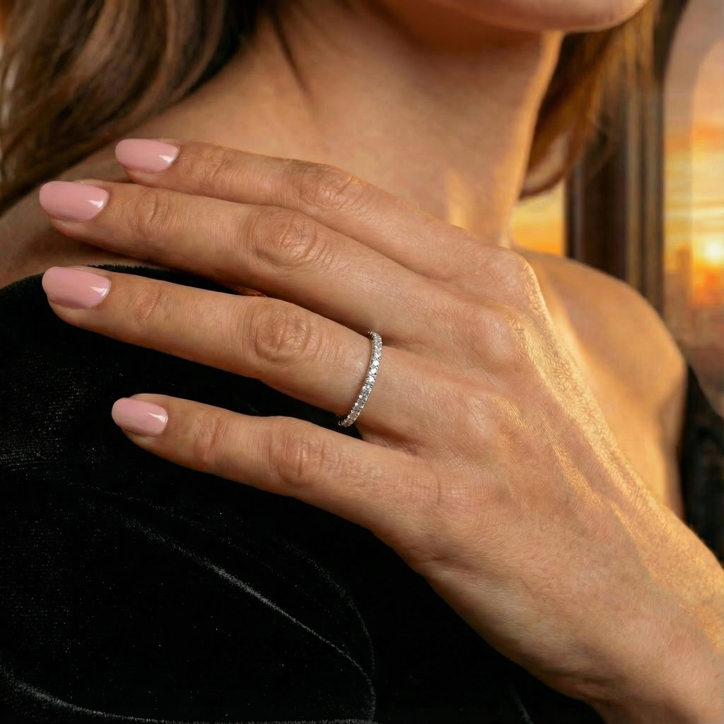 Dettaglio ravvicinato Anello Firmamento Aurora in argento con superficie scintillante di zirconi