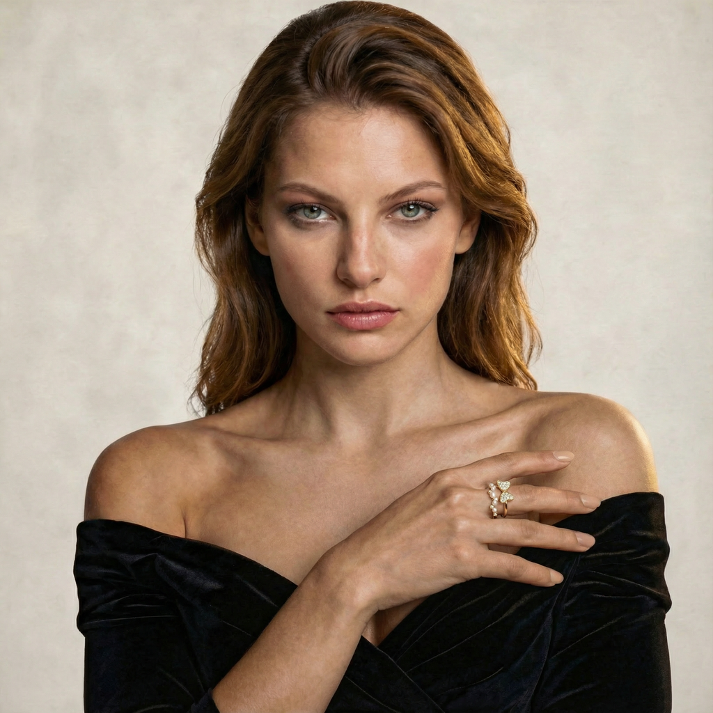 Modella indossa Anello Farfalla Aurora Placcato oro 18k con pavé e perle bianche