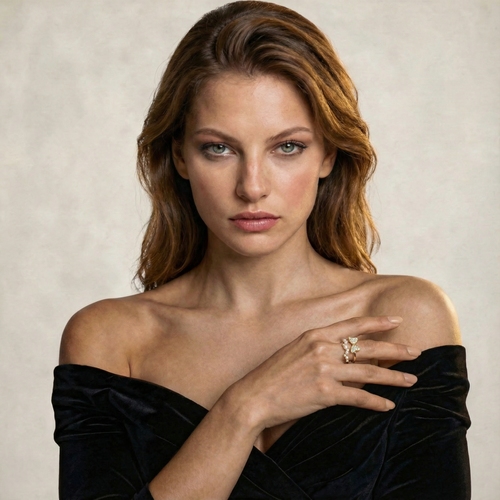 Modella indossa Anello Farfalla Aurora Placcato oro 18k con pavé e perle bianche