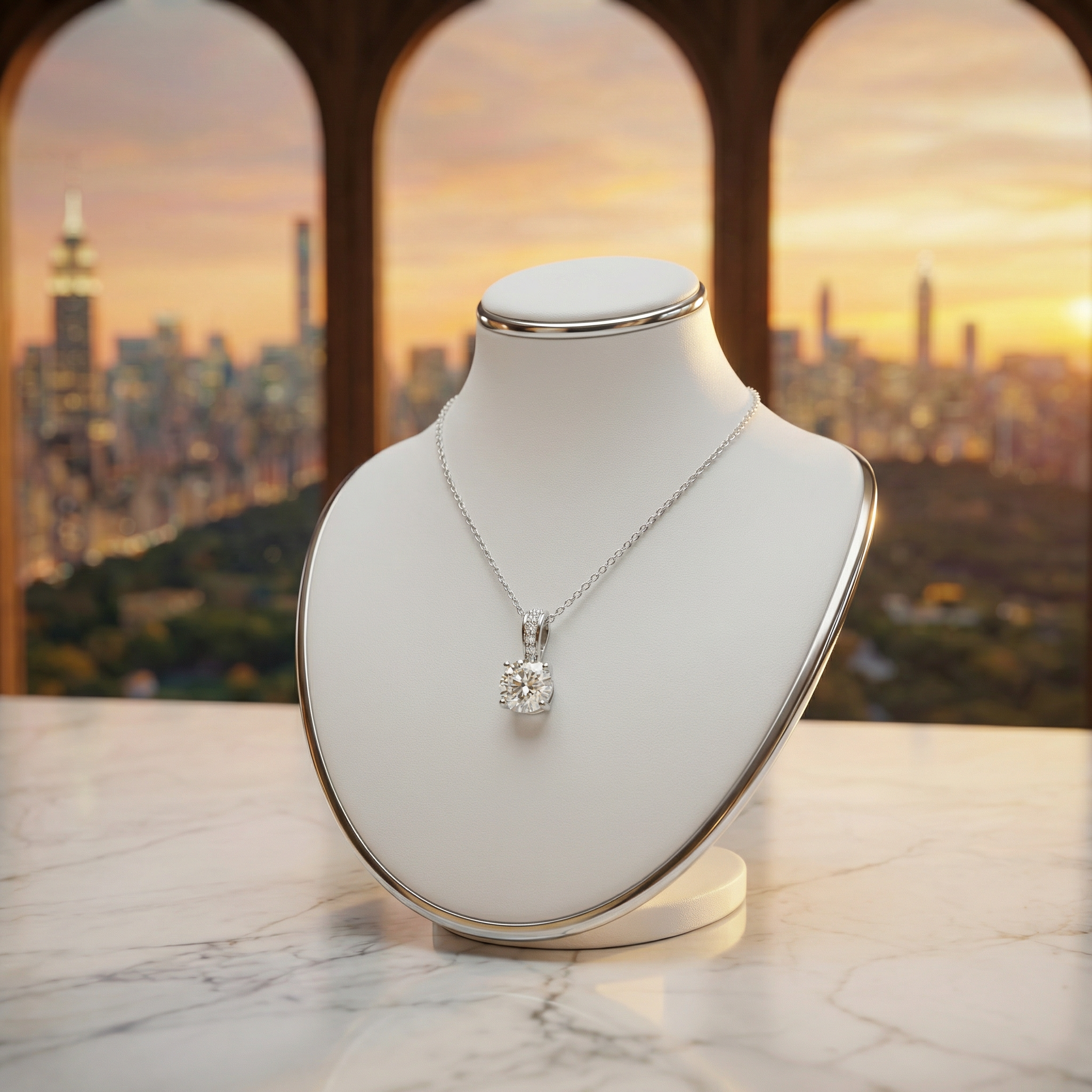 Collana Punto Luce Aurora in argento esposta su busto, con pendente luminoso a punto luce