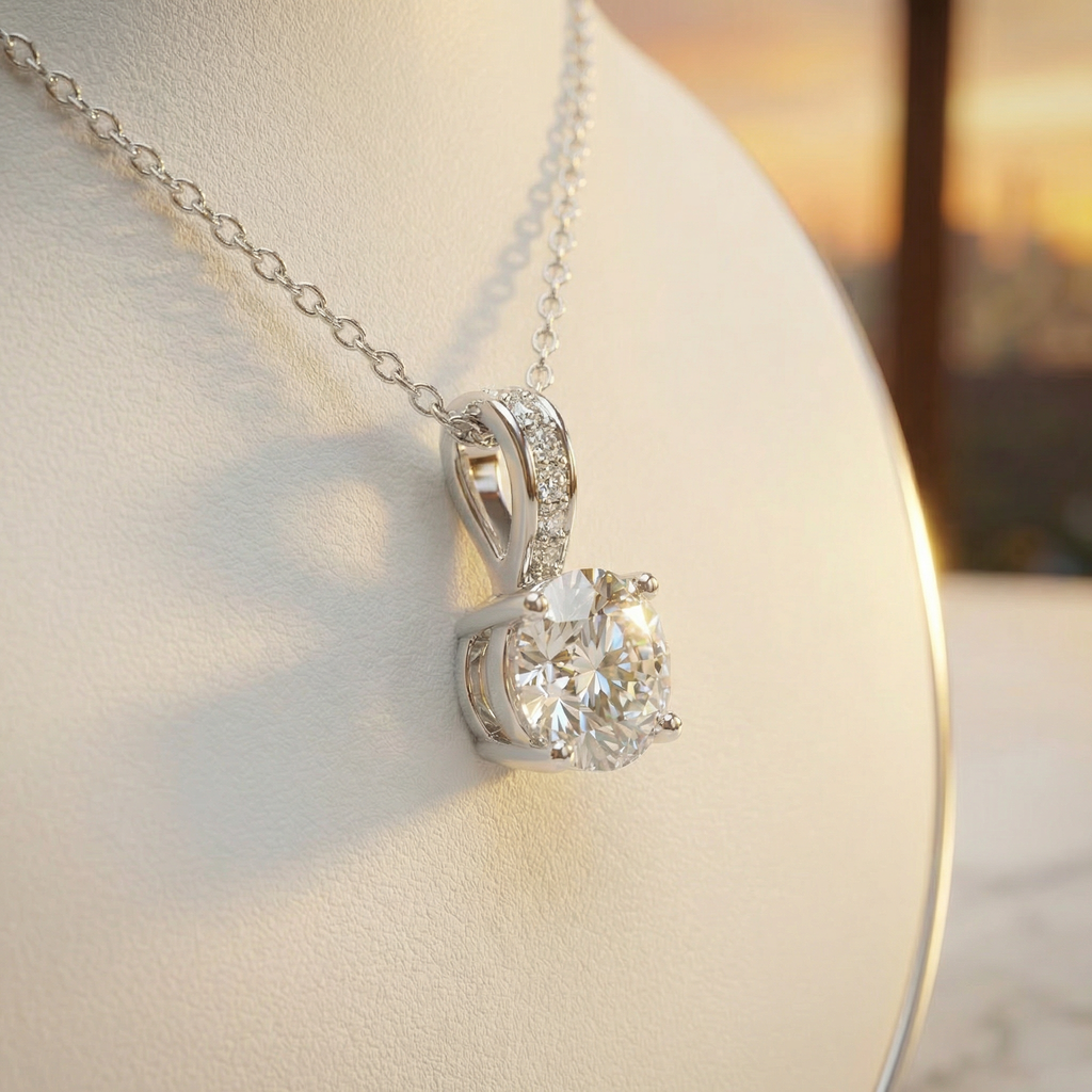 Dettaglio Collana Punto Luce Aurora in argento con zircone incastonato che riflette la luce